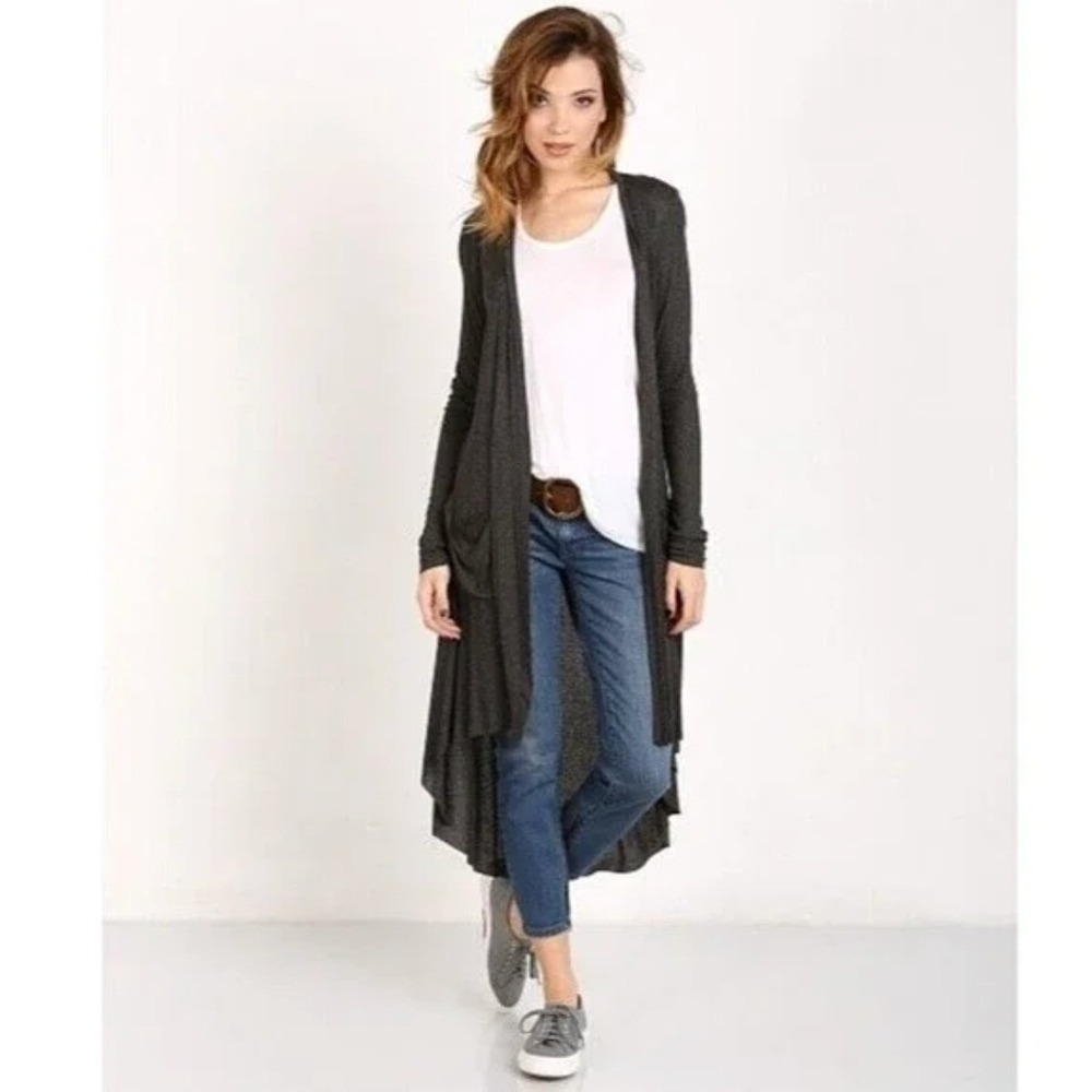 Joah Brown Soleil Black Marled Open Front Duster Cardigan Hi-Lo Hem O/S‎